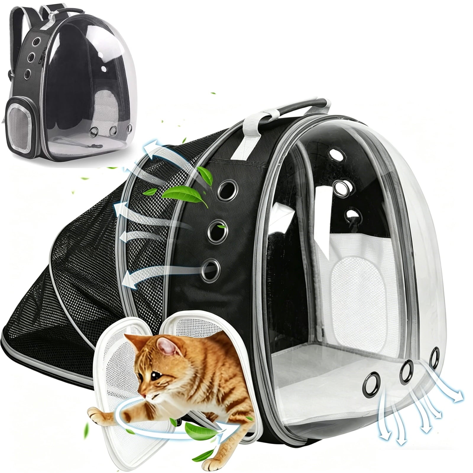 Asunby Outdoor Space Capsule Transparent Bubble Expandable Back Extension Pet Carrier Backpack, for Kittens and Small Dogs up to 13 Pounds, Black