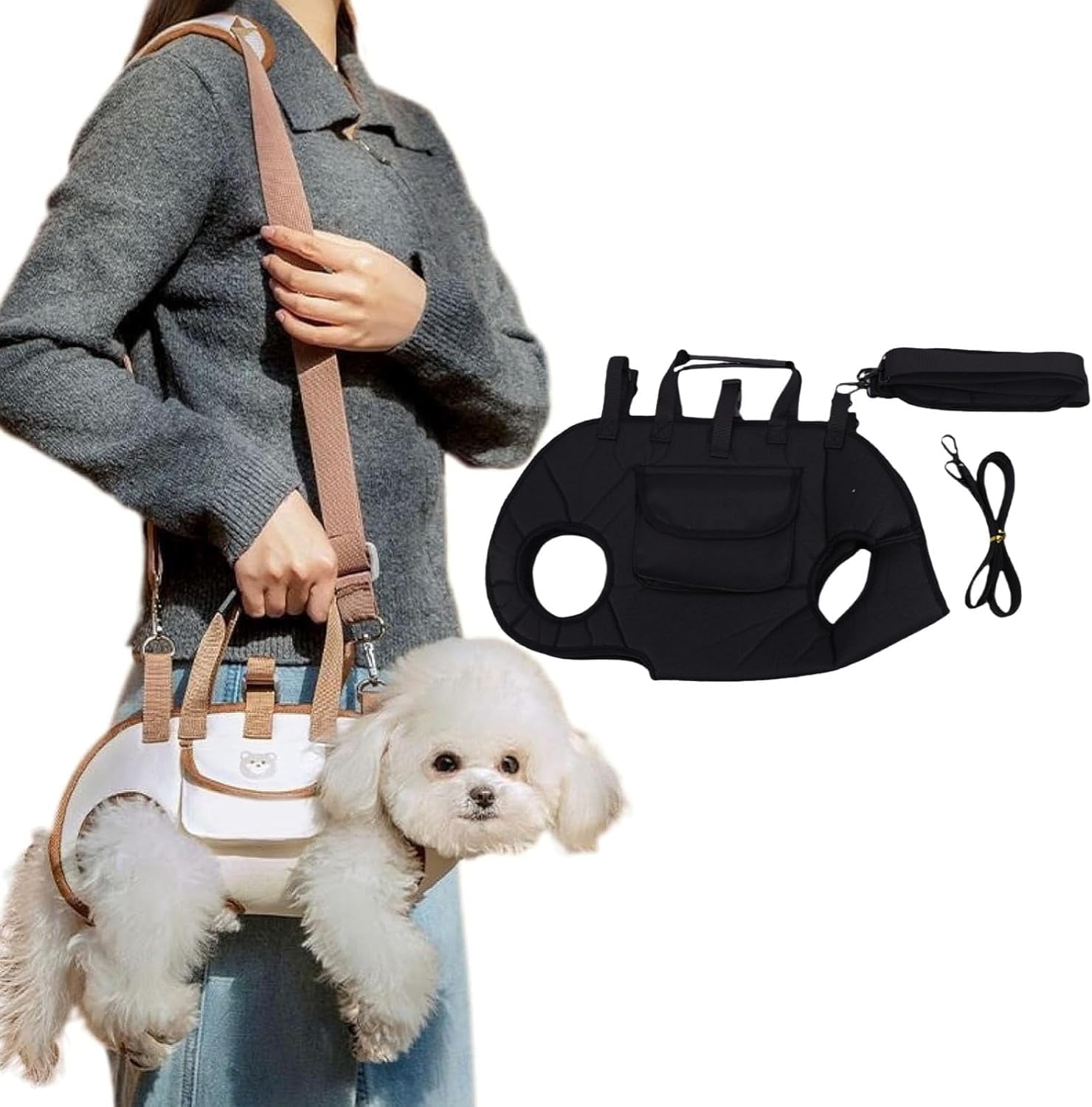 Crossbody Pet Carrier Harness, Adjustable Pet Backpack, 3 in 1 Multifunctional Portable Dog Carrier with Small Puppy Treat Bag, for Dogs of Different Weights (Black, Small)
