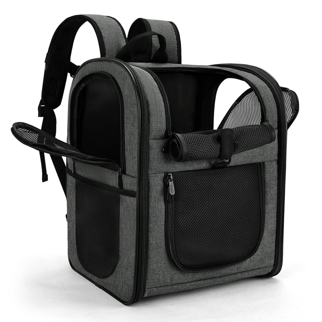 Dog & Cat Carrier Backpack for 4-18lb Pets - Safety Features with Cushioned Back Support, Breathable Mesh Pet Backpack for Hiking, Travel, Outdoor (Gray)