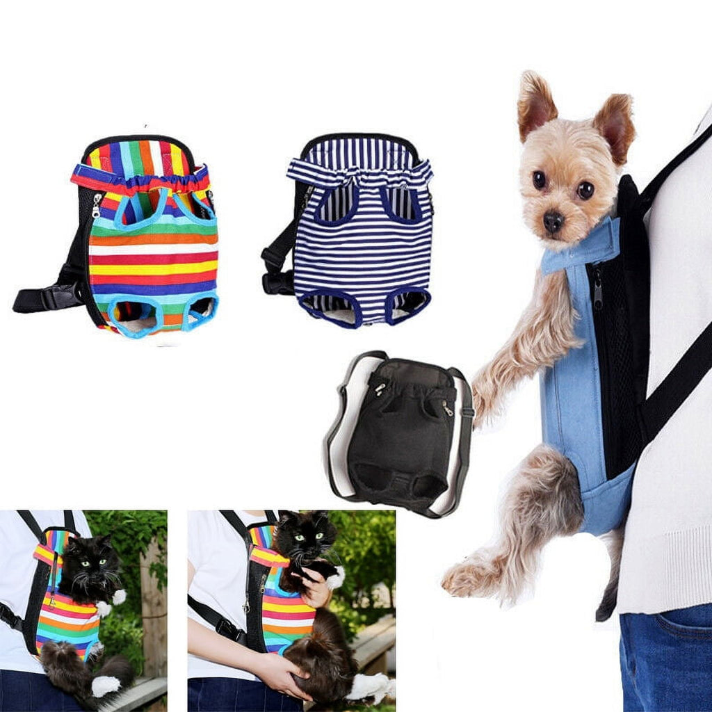 Fron Pouch Dog Carrier, Wide Straps with Shoulder Pads, Adjustable and Legs Out Pet Backpack Carrier(White Stripe/M)