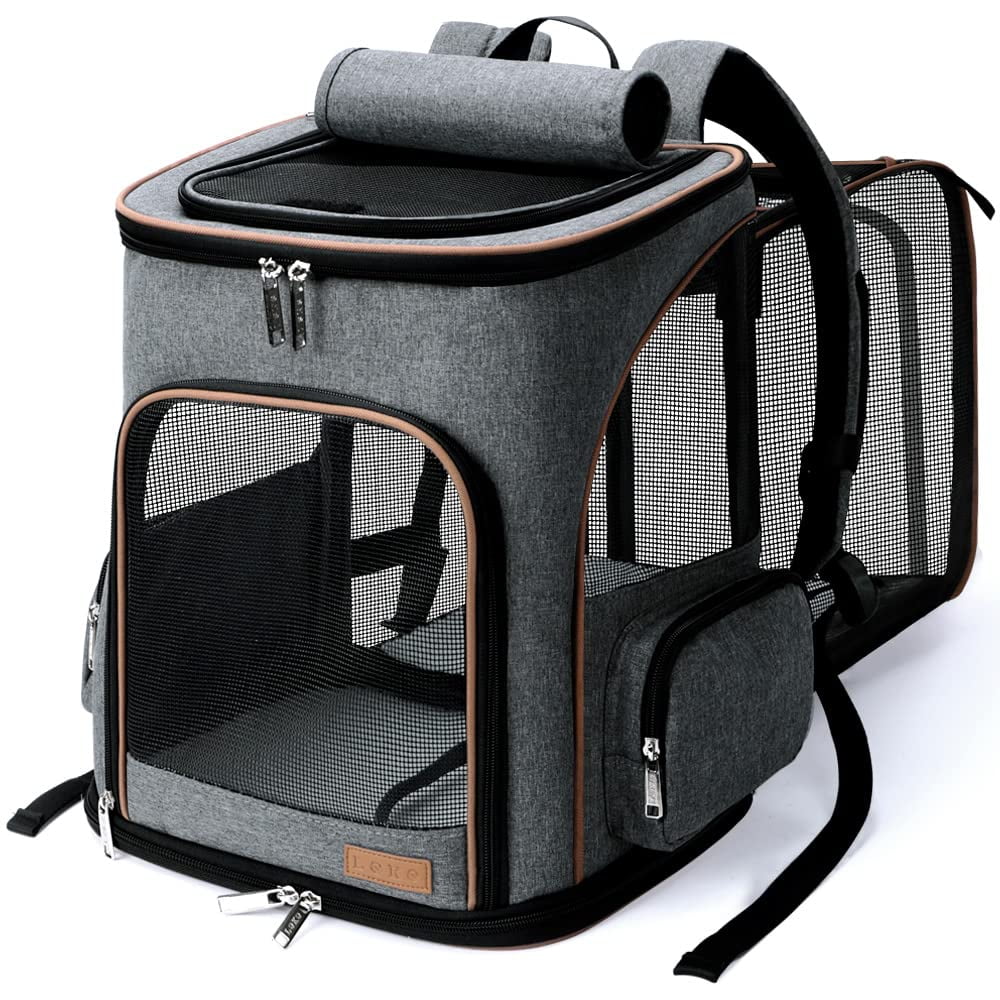 Lekesky - Expandable Pet Carrier Backpack for Medium Dogs & Large Cats (Up to 25 Lbs) - Collapsible Design, Extra Room, Breathable 360° Mesh, Travel Comfort, Safety Leash - Grey