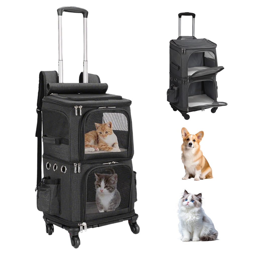 MINGYI Double-Compartment Pet Carrier with Wheels,Dog Backpack Carrier for 2 Small Dogs and Cats,Cat Rolling Carrier for Traveling/Taking a Walk/Trips to The Vet(Grey)