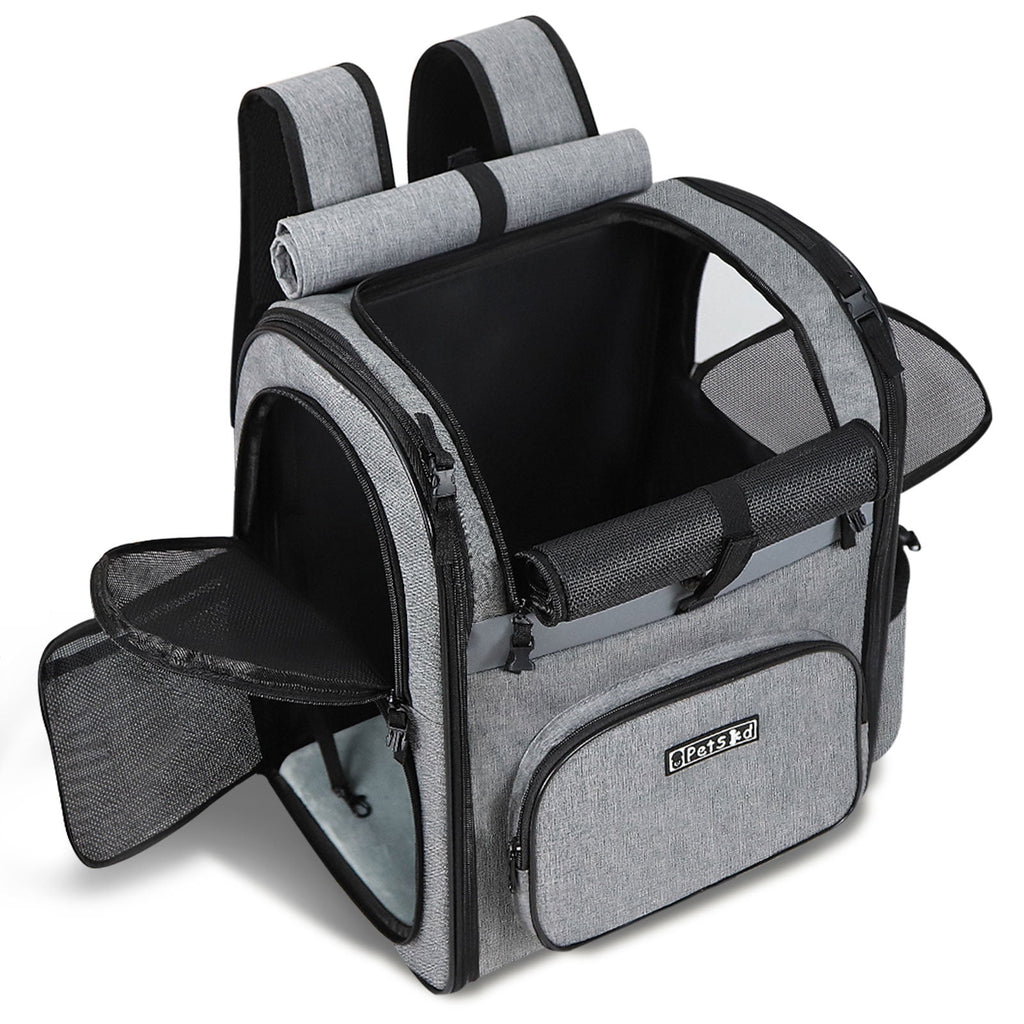 PETSKD Pet Carrier Backpack for Dogs Cats, 13x11x16.5 inches Outdoor Travel Backpack with with Safety Lock Zipperl, Large Space Foldable Backpack for Pets Under 20 lbs, Gray