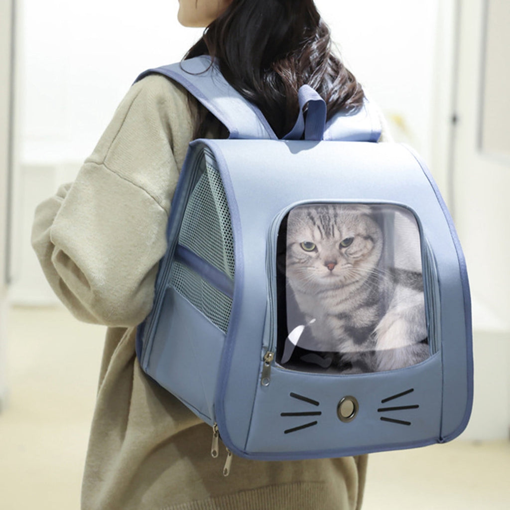 Pet Backpack Carrier - Traveler Breathable Transparent Carrier for Cats or Dogs, Large Space and Foldable Pet Carrier for Travel, Hiking - Blue