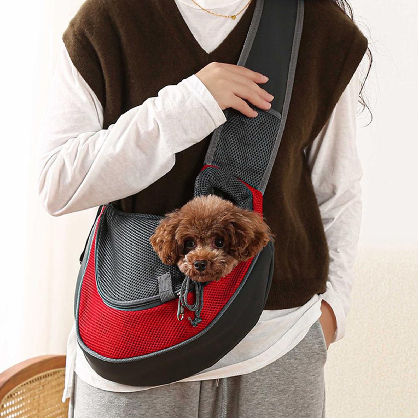 Pet Dog Sling Carrier 0-5 lbs, Pet Backpack, Drawstring Dog Papoose with Adjustable Strap, Breathable Mesh Bag for Puppy Cat, Crossbody Satchel Dog Purse for Outdoor Travel Walking