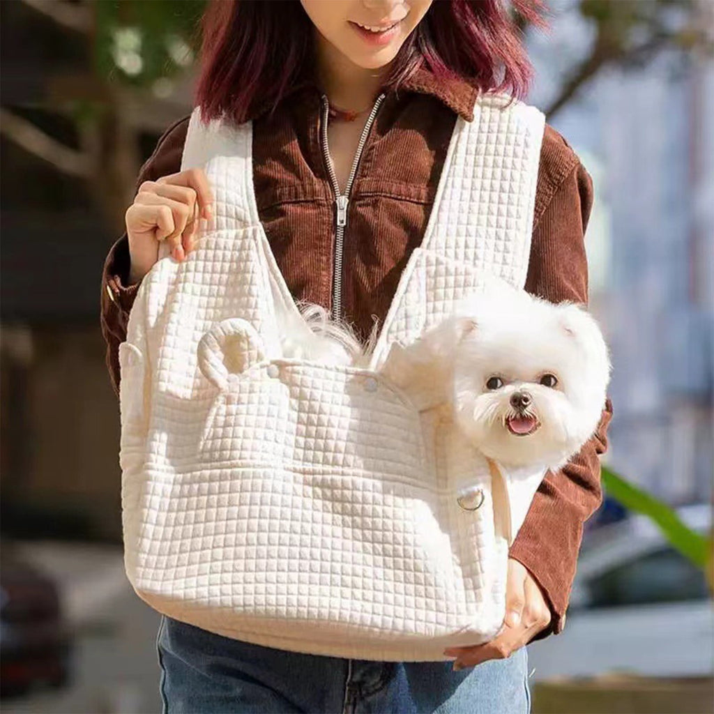 Chest-Front Pet Carrier Backpack for Small Dogs & Cats up to 12lbs, 16.14x14.96in with Insulated Warm Bed & Panoramic Transparent Window Beige