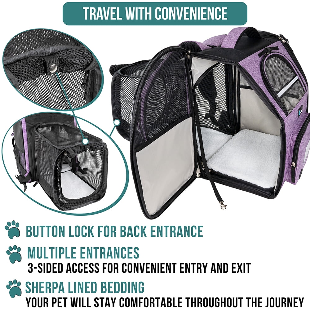PetAmi Expandable Dog Backpack Carrier for Cats & Pets, Breathable Cat Carrier Backpack with Top Window & Multi-Entry, Ventilated Foldable Travel Carrier for Small Medium Pets up to 18 lbs, Purple