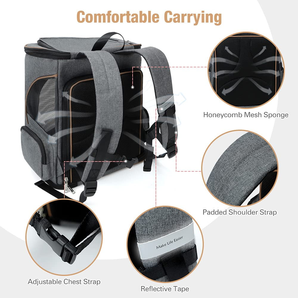 Lekesky - Expandable Pet Carrier Backpack for Medium Dogs & Large Cats (Up to 25 Lbs) - Collapsible Design, Extra Room, Breathable 360° Mesh, Travel Comfort, Safety Leash - Grey
