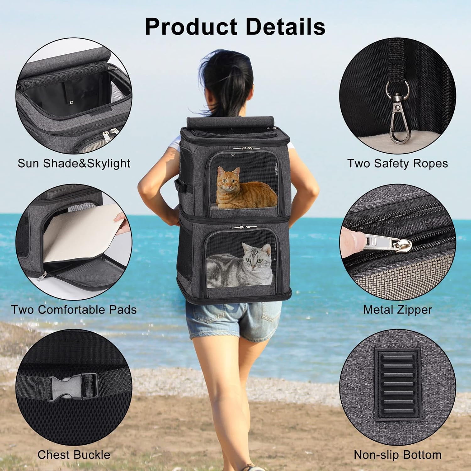 bathprove  2-in-1 Double Pet Carrier Backpack for Small Cats and Dogs, Portable Pet Travel Carrier, Super Ventilated Design, Ideal for Traveling/Hiking/Camping, Black