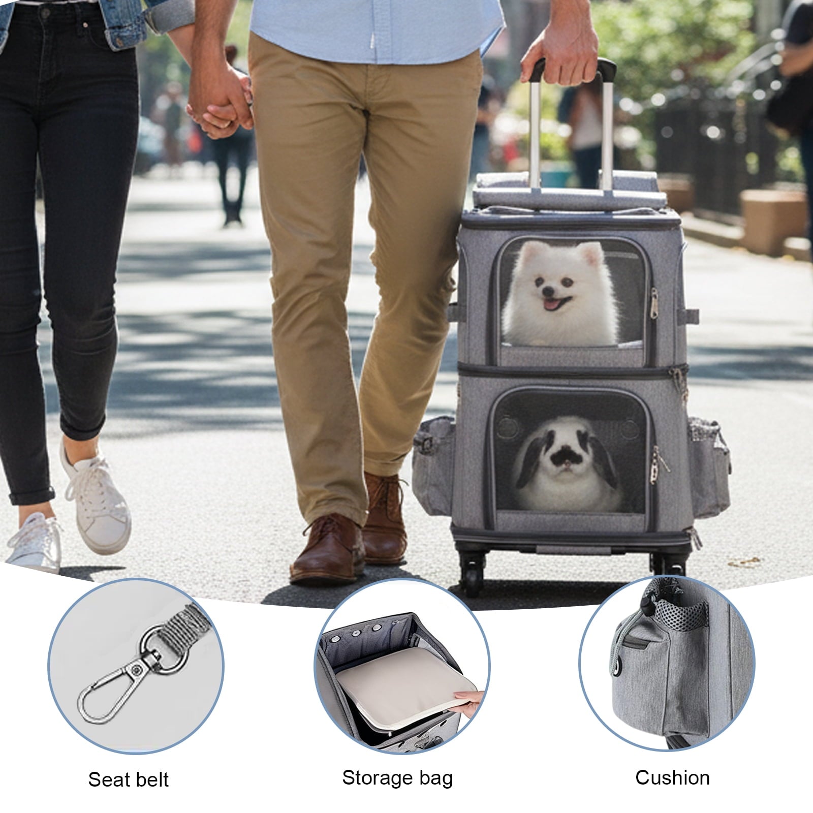 MINGYI Double-Compartment Pet Carrier with Wheels,Dog Backpack Carrier for 2 Small Dogs and Cats,Cat Rolling Carrier for Traveling/Taking a Walk/Trips to The Vet(Grey)