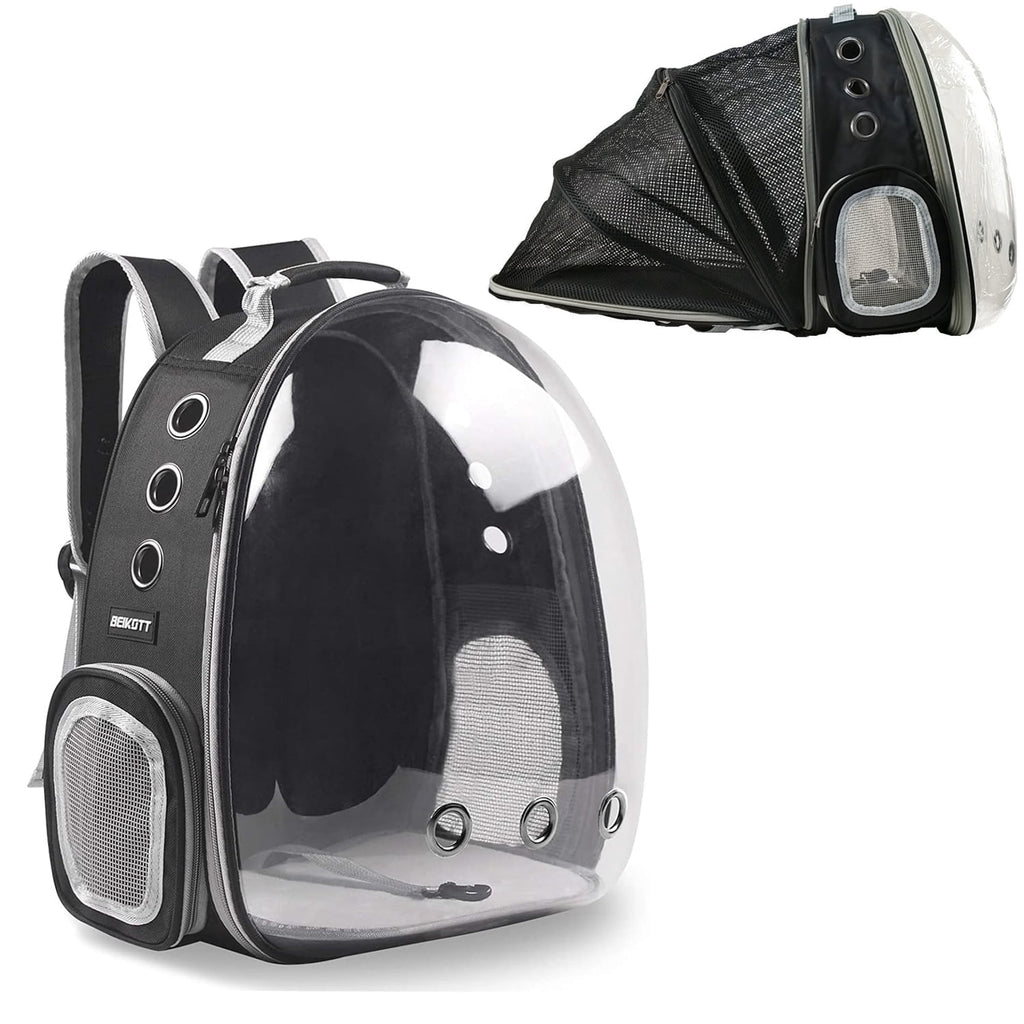 Asunby Outdoor Space Capsule Transparent Bubble Expandable Back Extension Pet Carrier Backpack, for Kittens and Small Dogs up to 13 Pounds, Black
