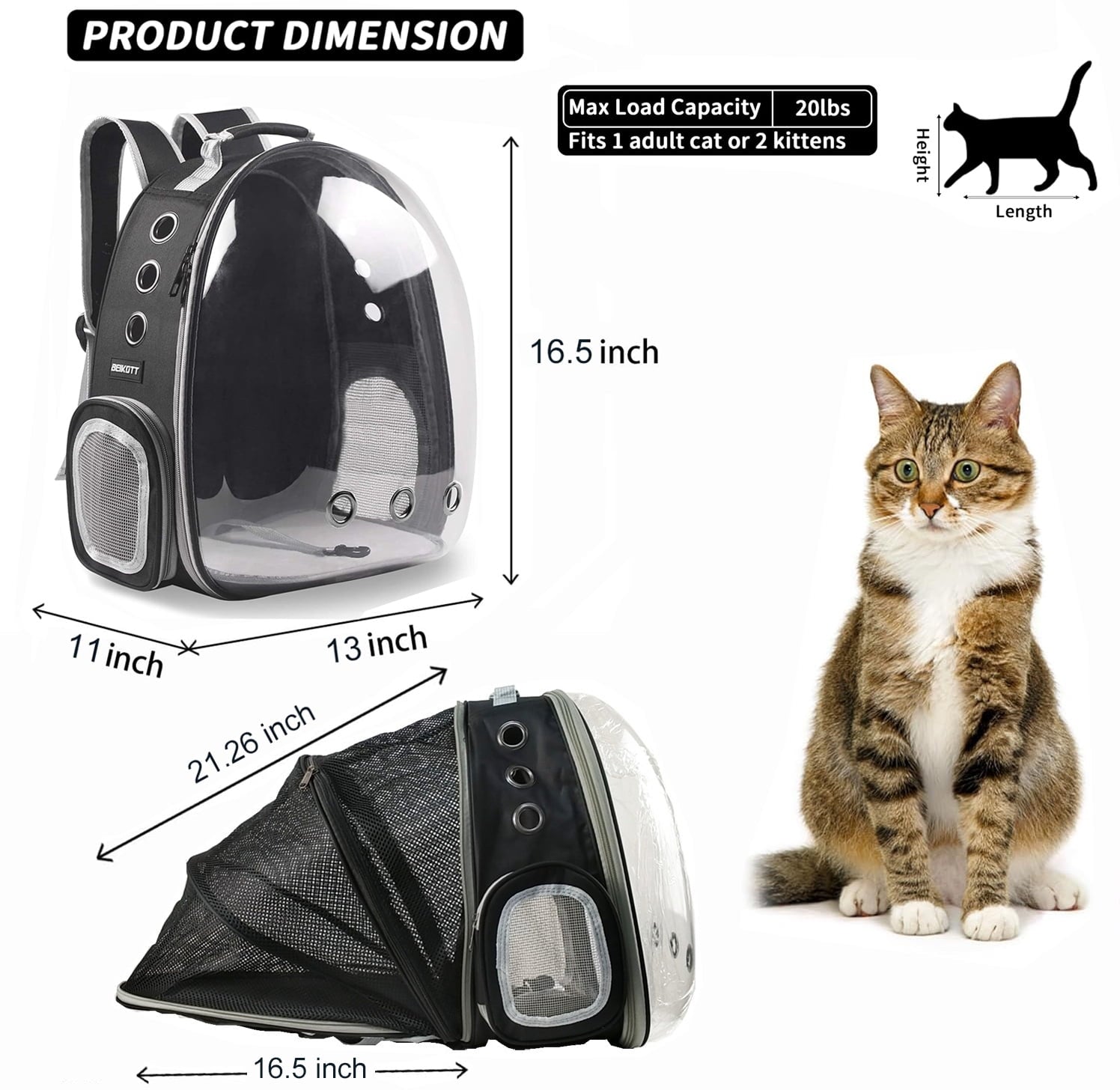 Asunby Outdoor Space Capsule Transparent Bubble Expandable Back Extension Pet Carrier Backpack, for Kittens and Small Dogs up to 13 Pounds, Black