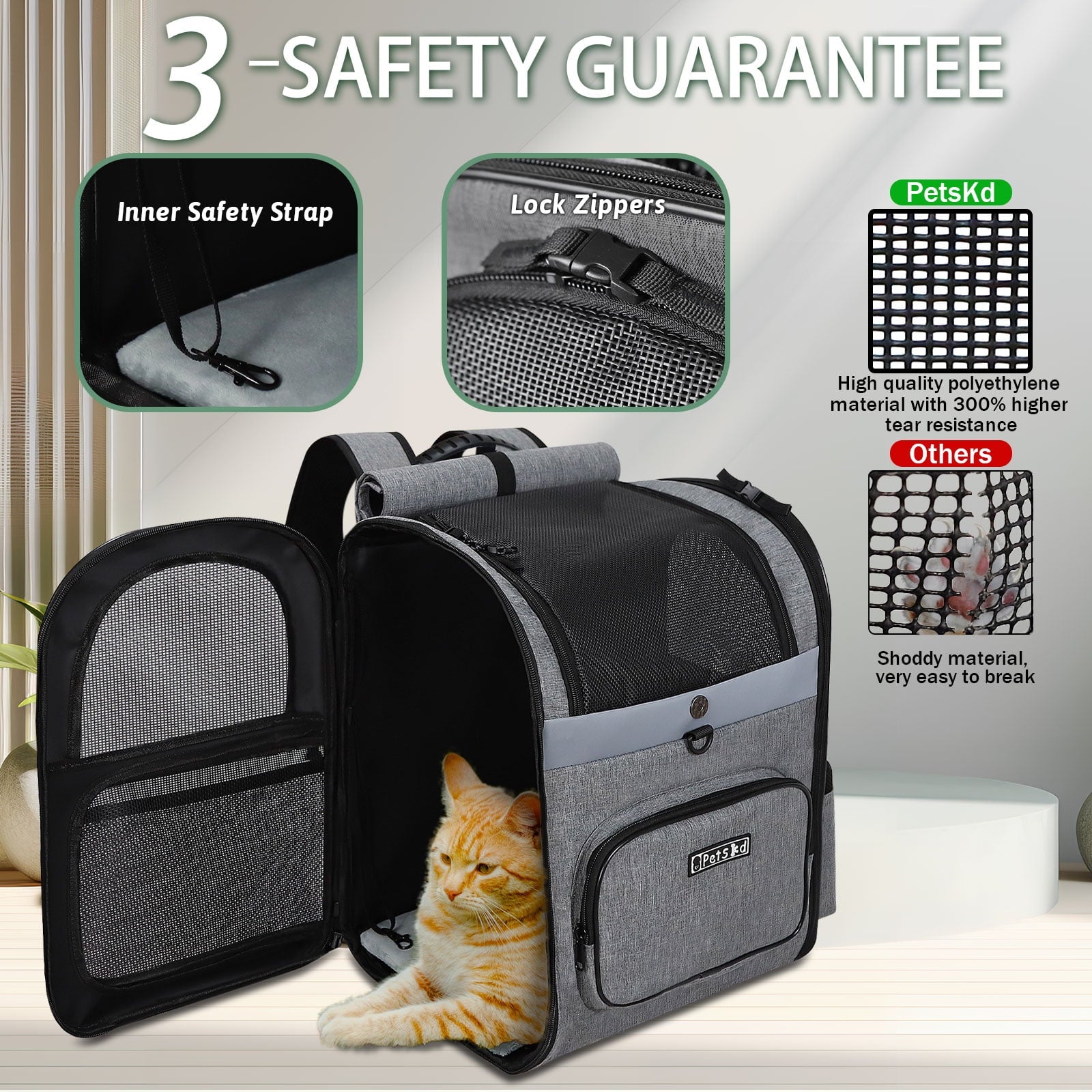 PETSKD Pet Carrier Backpack for Dogs Cats, 13x11x16.5 inches Outdoor Travel Backpack with with Safety Lock Zipperl, Large Space Foldable Backpack for Pets Under 20 lbs, Gray