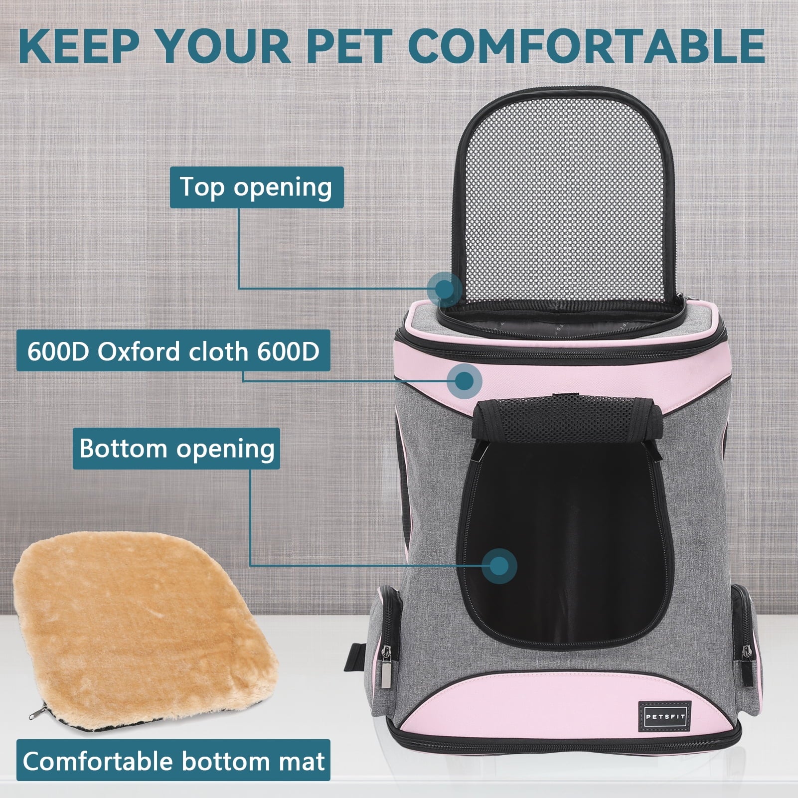 Petsfit Regular Pet Carrier Backpacks with Upgrade Waist Cushion Design, Suitable for Small and Medium Dogs Cats,Pink, 22 lb Limit