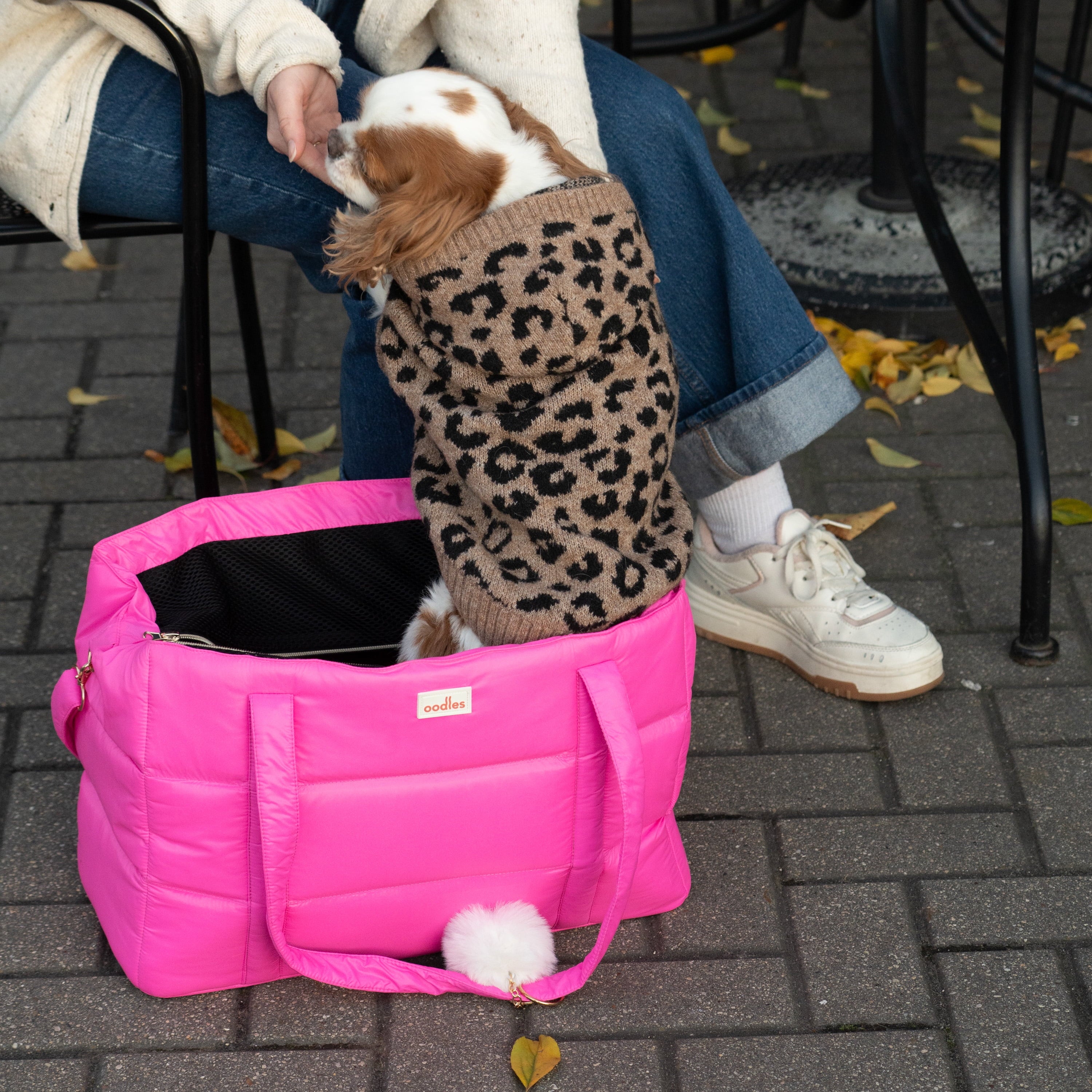 Oodles Solid Pink Quilted Zippered Soft Sided Pet Carrier Bag with Pom Charm, 13 lb Limit