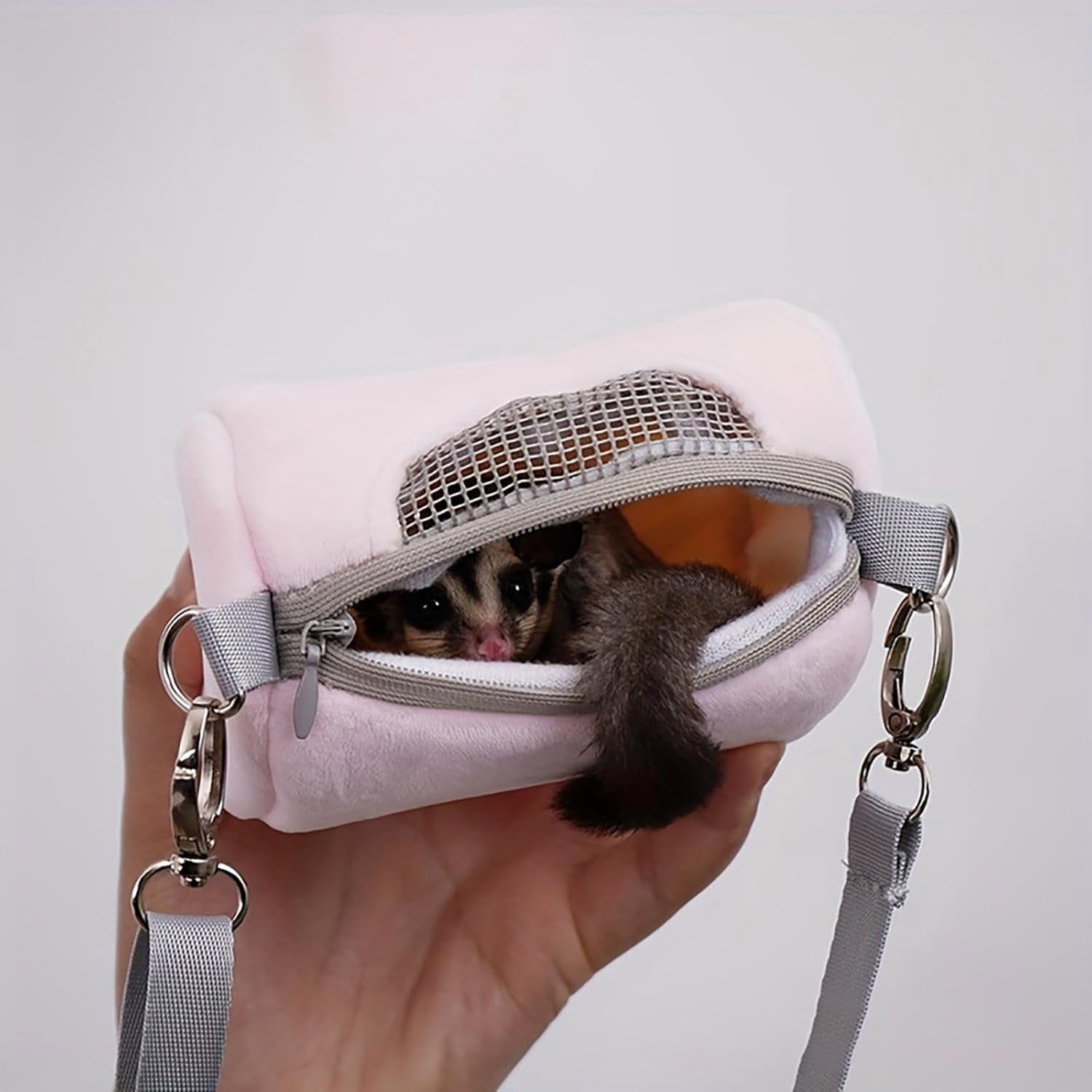 Portable Hamster Carrier Bag, Soft Plush Cylinder Small Pet Travel Backpack with Breathable Mesh Zipper, Adjustable Straps for Hamsters and Small Animals (Pink)