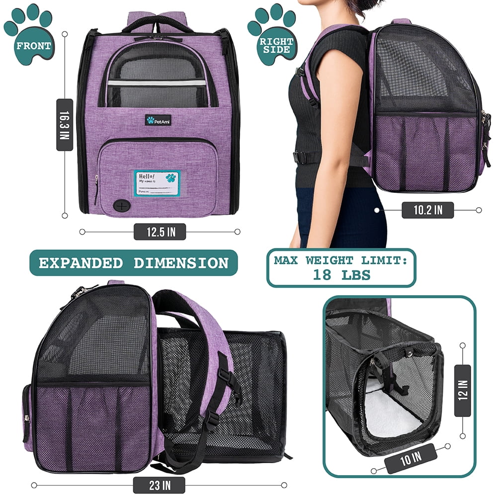 PetAmi Expandable Dog Backpack Carrier for Cats & Pets, Breathable Cat Carrier Backpack with Top Window & Multi-Entry, Ventilated Foldable Travel Carrier for Small Medium Pets up to 18 lbs, Purple