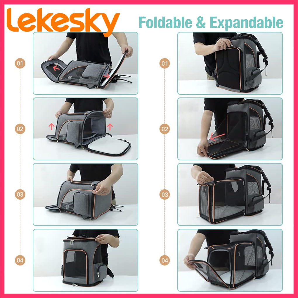 Lekesky - Expandable Cat & Dog Backpack Carrier - Airline Approved, Folds Flat, Holds Pets Up to 15 lbs (Grey)