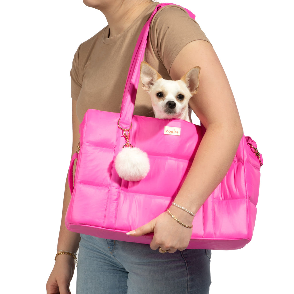 Oodles Solid Pink Quilted Zippered Soft Sided Pet Carrier Bag with Pom Charm, 13 lb Limit