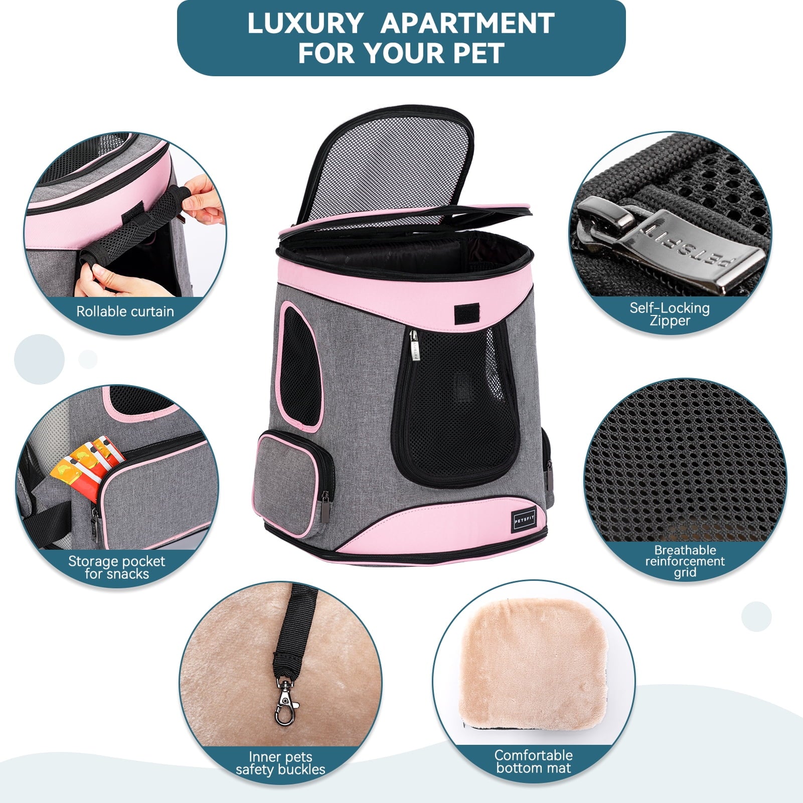 Petsfit Regular Pet Carrier Backpacks with Upgrade Waist Cushion Design, Suitable for Small and Medium Dogs Cats,Pink, 22 lb Limit