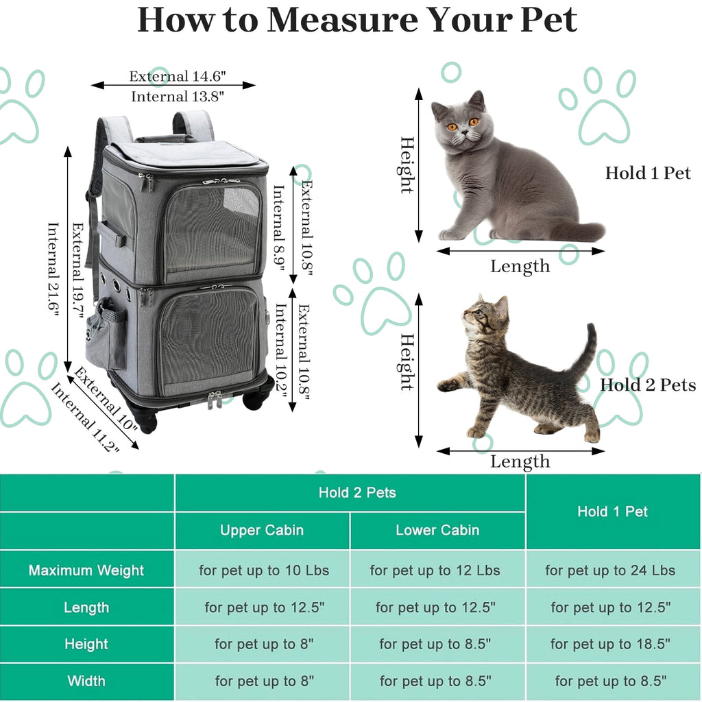 ManyFun Extra Large Double-Compartment Pet Carrier Backpack with Wheels for Small Dogs and Cats, Cat Rolling Carrier for 2 Cats, Perfect for Traveling/Taking a Walk/Trips to The Vet, Black