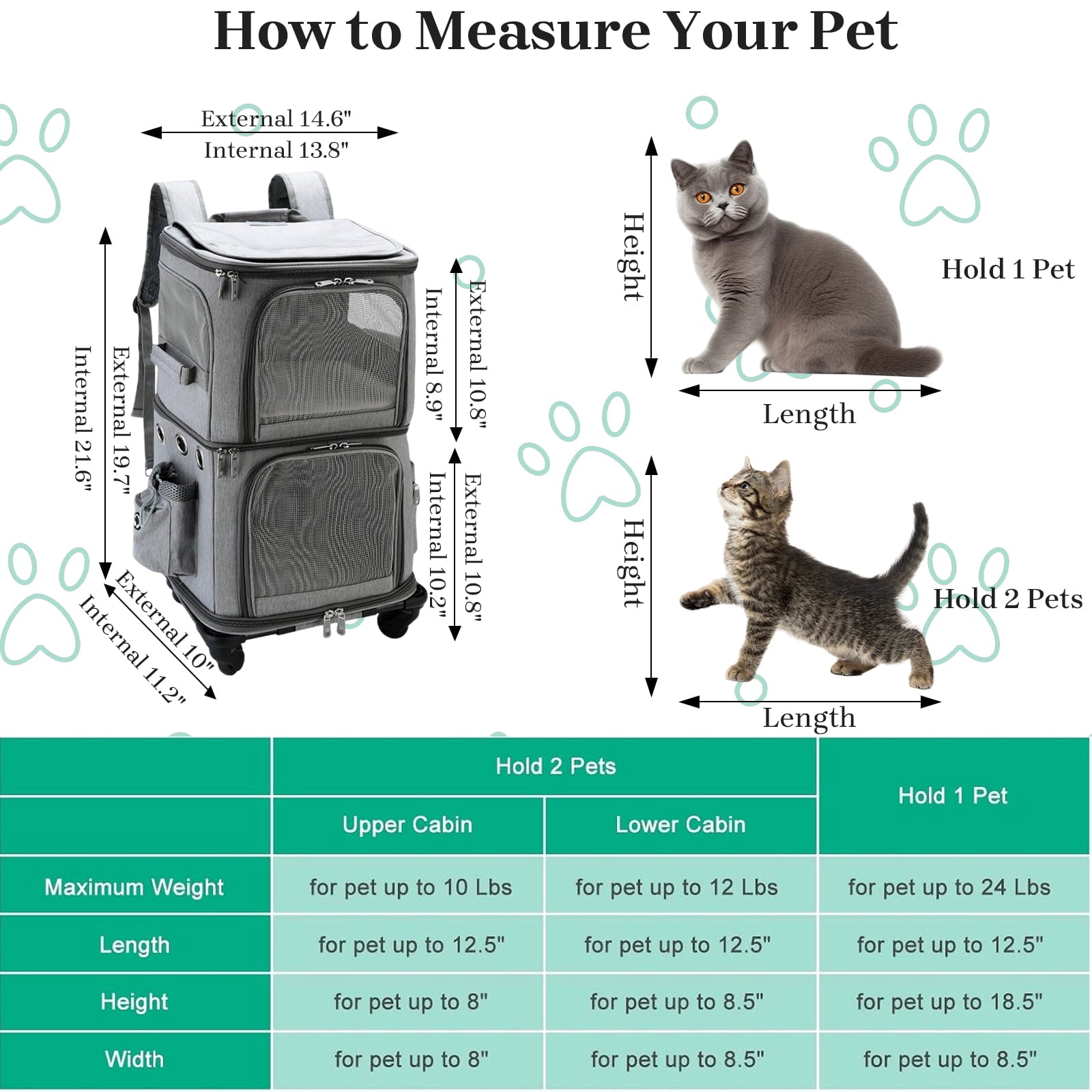 ManyFun Extra Large Double-Compartment Pet Carrier Backpack with Wheels for Small Dogs and Cats, Cat Rolling Carrier for 2 Cats, Perfect for Traveling/Taking a Walk/Trips to The Vet, Black