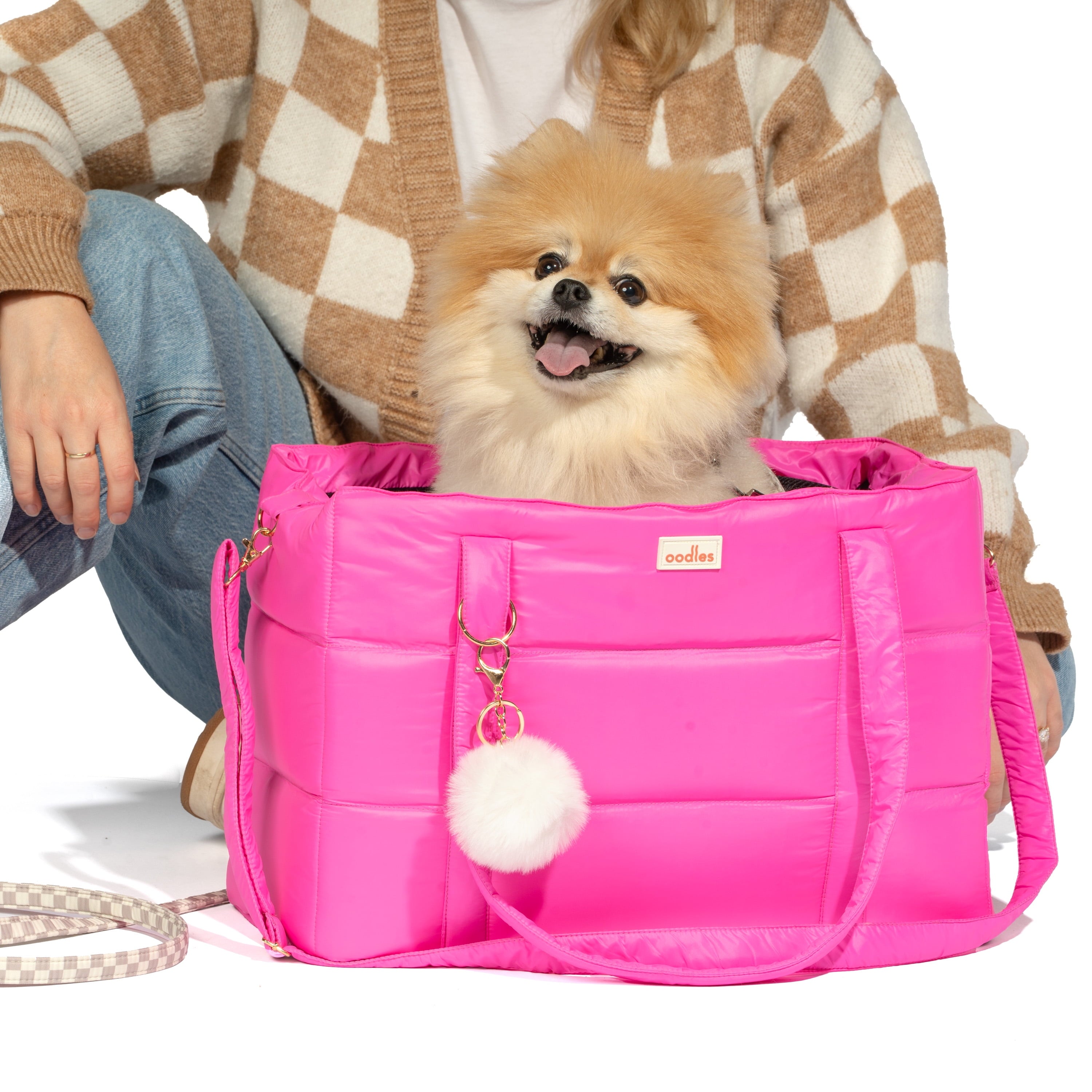 Oodles Solid Pink Quilted Zippered Soft Sided Pet Carrier Bag with Pom Charm, 13 lb Limit