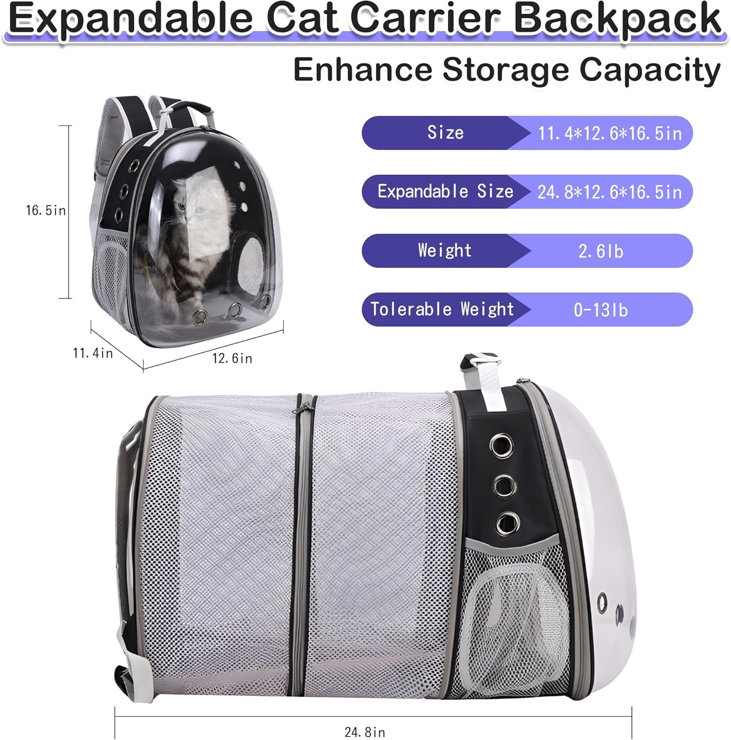 Expandable Cat Backpack Carrier, Airline Approved Pet Travel Bubble Backpack for Large Cats up to 20 lbs, Small Dogs and Kittens