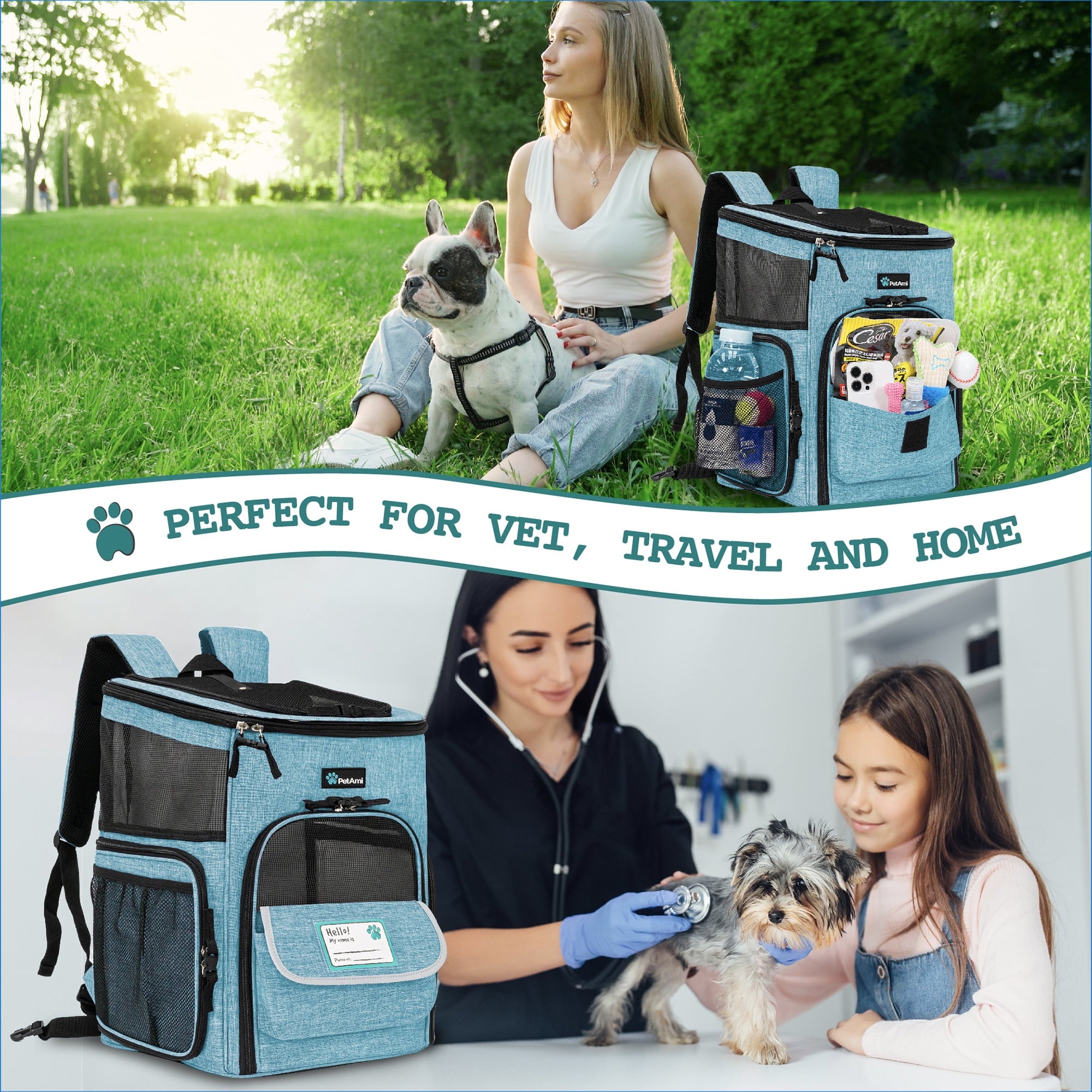 PetAmi Dog Backpack Carrier, Airline Approved Cat Backpacks For Carrying Small Large Cats, Pet Carrier Back Pack, Ventilated Soft Sided for Travel, Hiking, Camping, Max 18 lbs, Turquoise