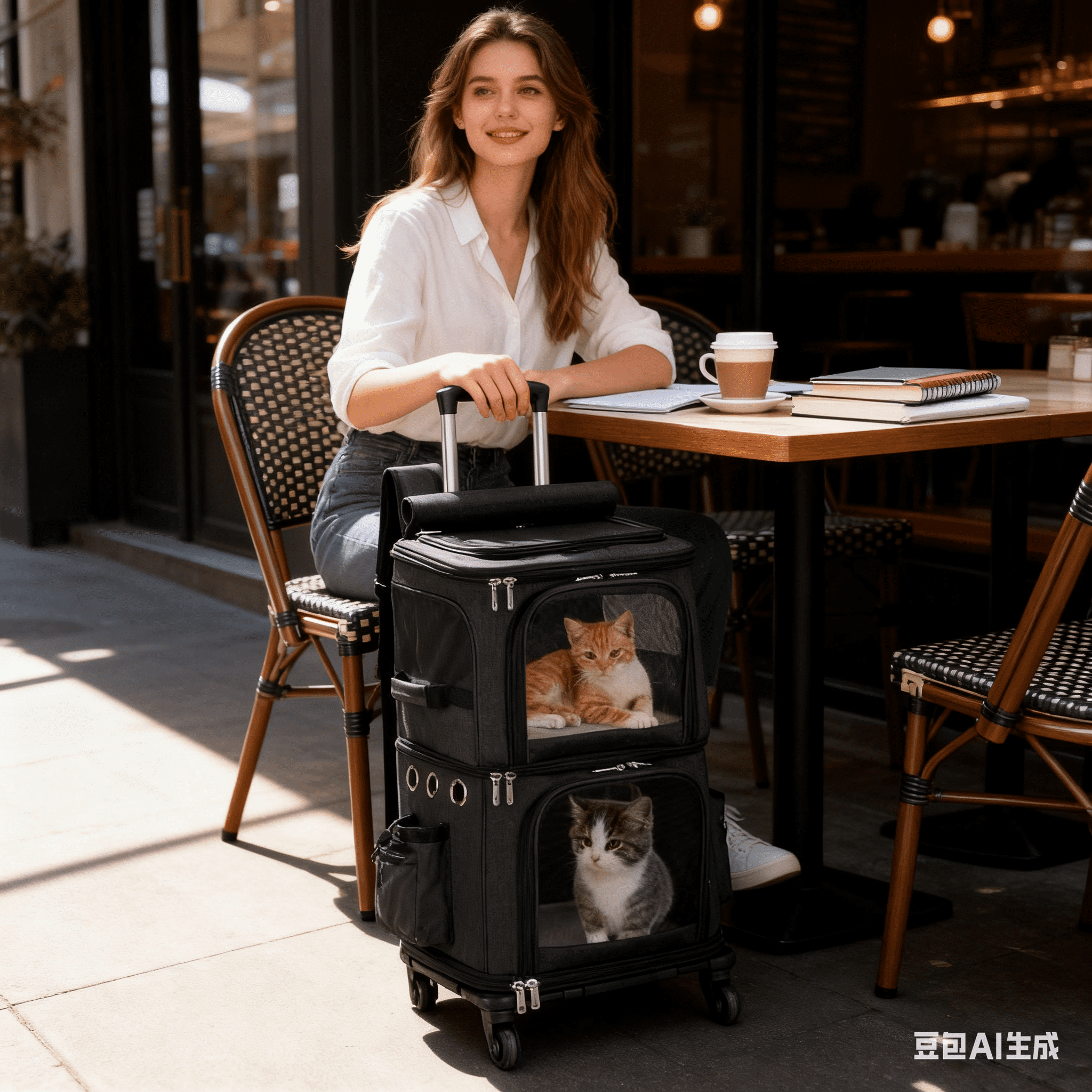 ManyFun Extra Large Double-Compartment Pet Carrier Backpack with Wheels for Small Dogs and Cats, Cat Rolling Carrier for 2 Cats, Perfect for Traveling/Taking a Walk/Trips to The Vet, Black