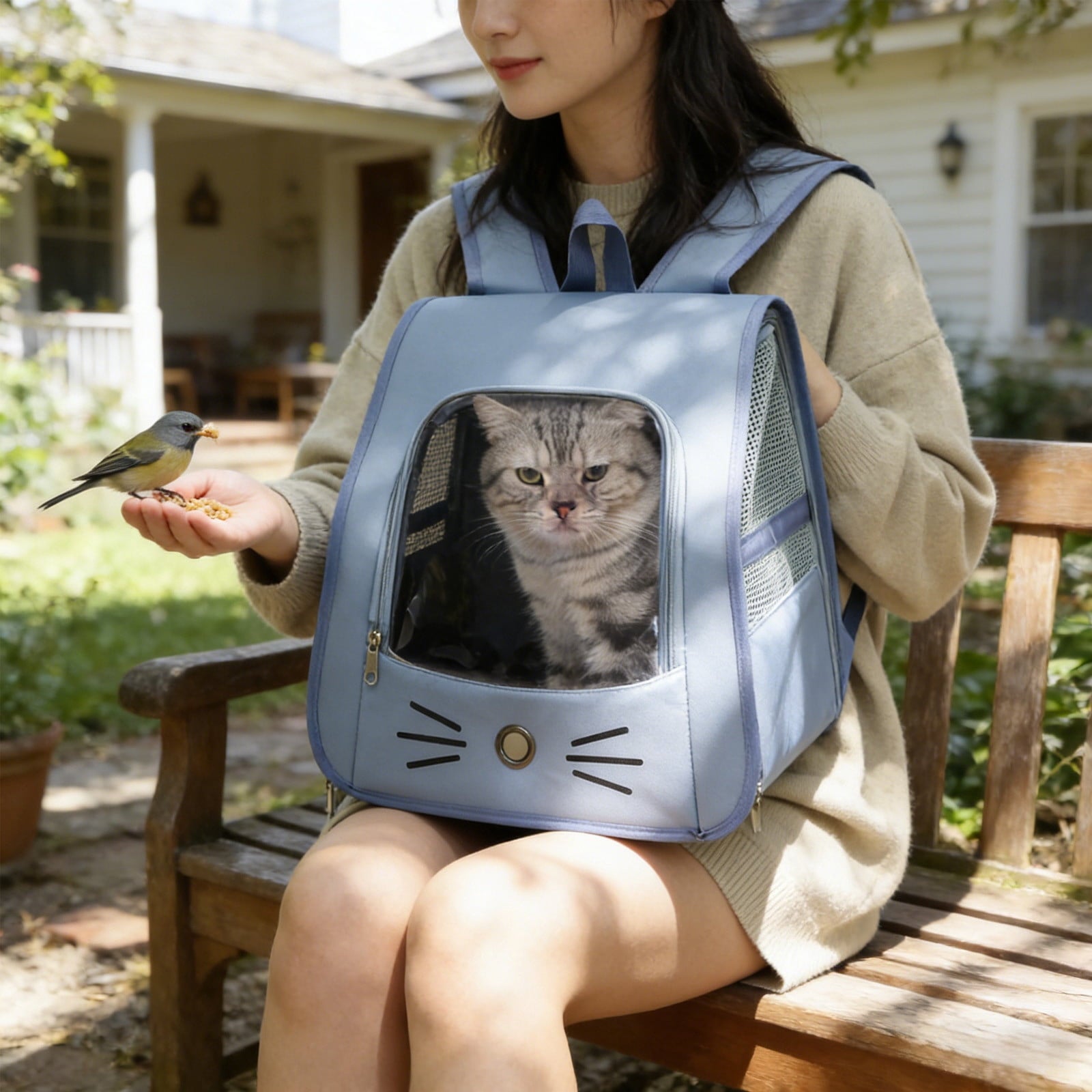 Pet Backpack Carrier - Traveler Breathable Transparent Carrier for Cats or Dogs, Large Space and Foldable Pet Carrier for Travel, Hiking - Blue